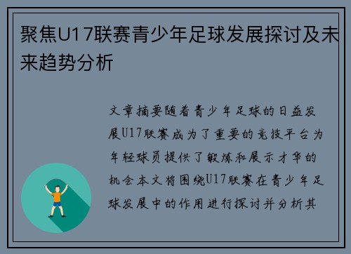 聚焦U17联赛青少年足球发展探讨及未来趋势分析
