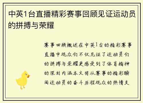 中英1台直播精彩赛事回顾见证运动员的拼搏与荣耀